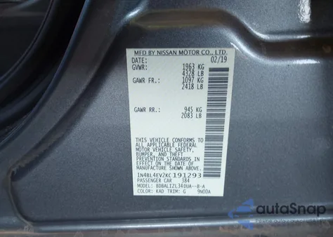 2019 Nissan Altima Sl from USA, damaged, VIN 1N4BL4EV2KC191293